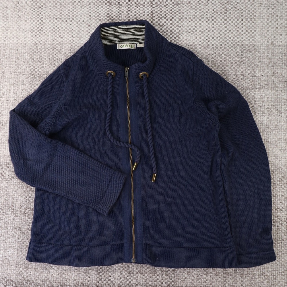 Orvis Full Zip Cardigan Womens Medium Navy Blue Good Cotton Mock‎ Neck 5T43